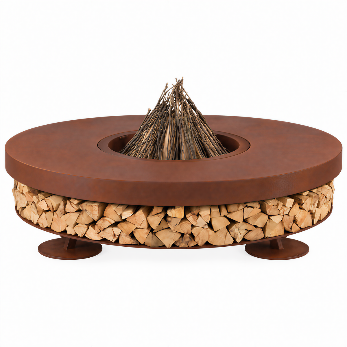 Round outdoor fire pit table with a rusted brown metal top and base, filled with wood logs, on a white background.